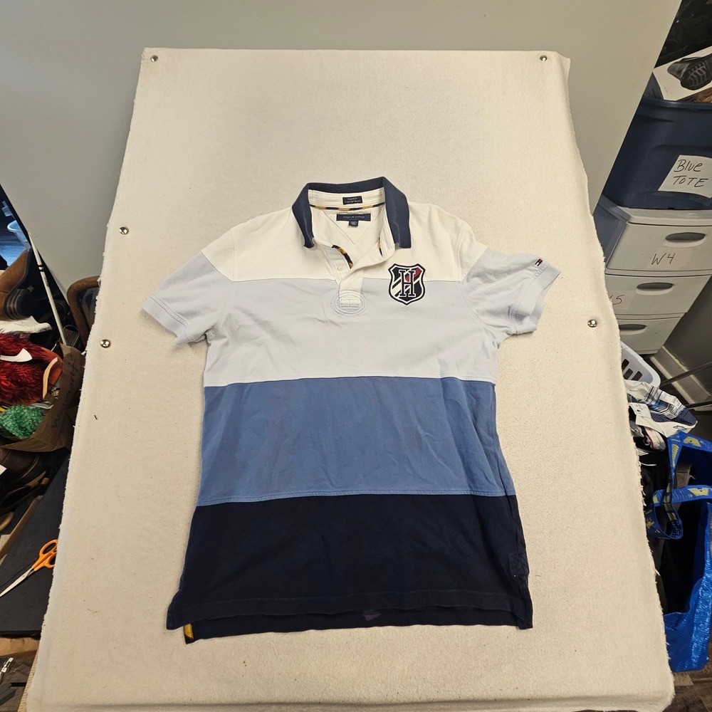 Tommy Hilfiger Mens Custom Fit Colorblock Crest Polo Shirt Blue White Large